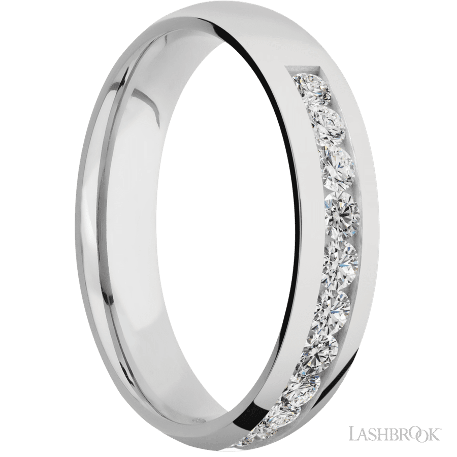 5 mm wide/Domed/Cobalt Chrome band with a Half Eternity arrangement of .07 carat Round Diamond stones in a Channel setting.