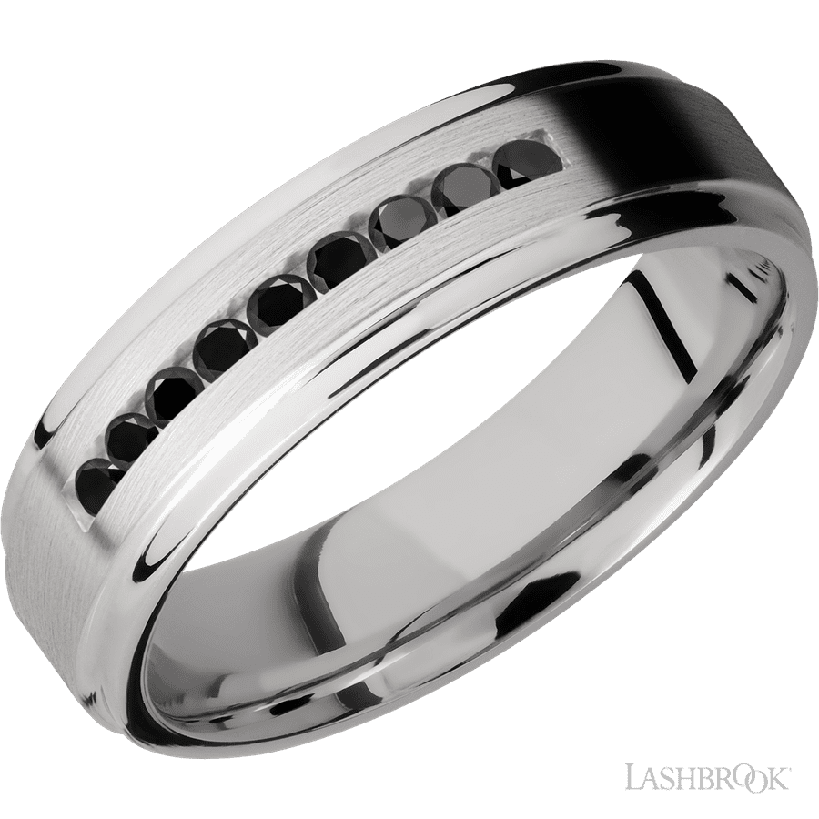 6 mm wide/Flat Grooved Edges/Cobalt Chrome band with an  arrangement of 9, .03 carat Round Black Diamond stones in a Channel setting.