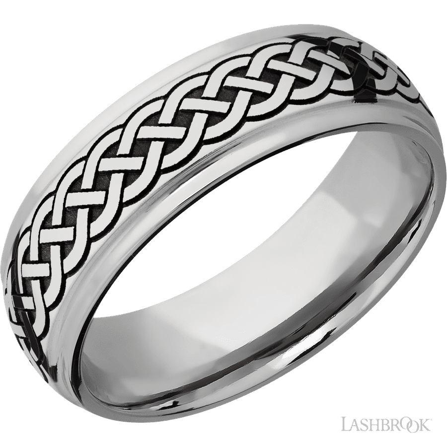 7 mm wide/Domed Stepped Down Edges/Cobalt Chrome band with a laser carved Celtic 9 pattern.