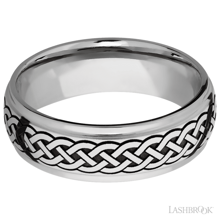7 mm wide/Domed Stepped Down Edges/Cobalt Chrome band with a laser carved Celtic 9 pattern.