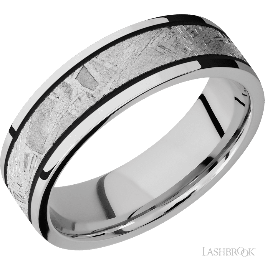 7 mm wide/Flat/Cobalt Chrome band with one 4 mm Centered inlay of Meteorite.