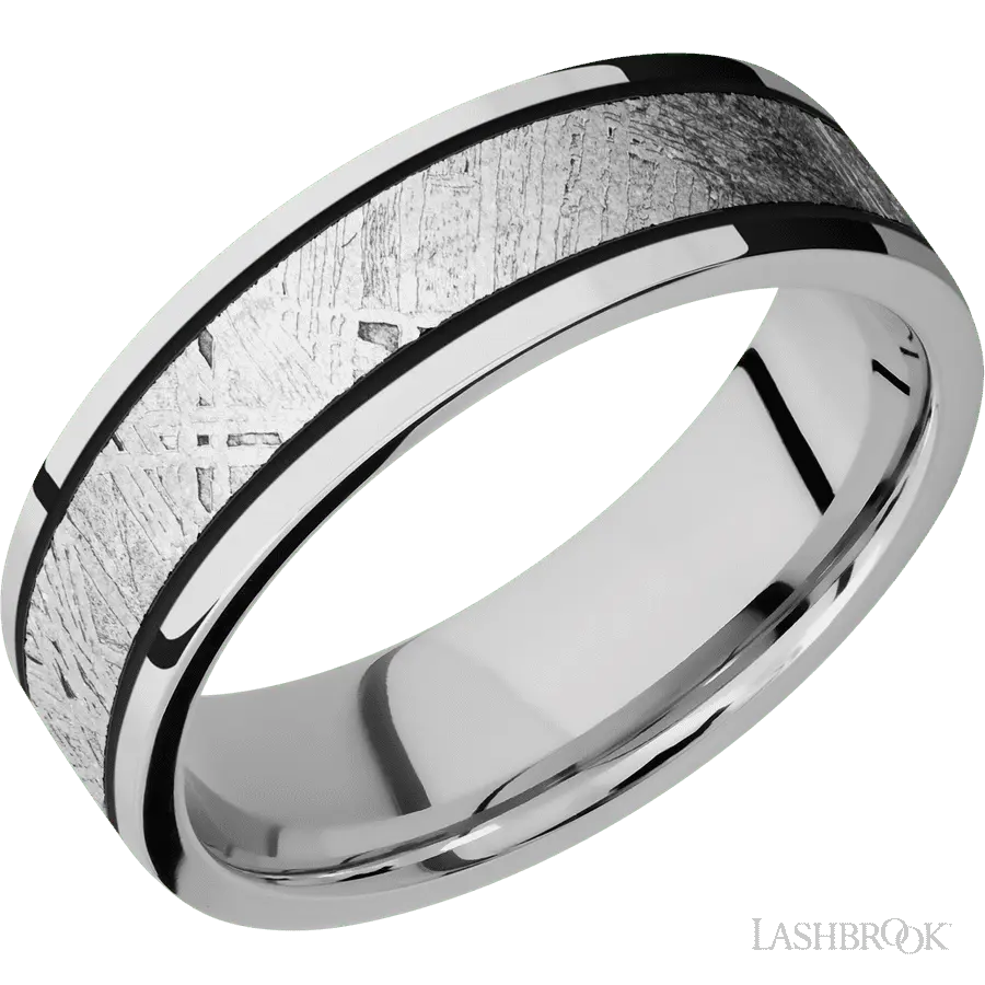 7 mm wide/Flat/Cobalt Chrome band with one 4 mm Centered inlay of Meteorite. in Cobalt by Lashbrook | The Diamond Store Las V