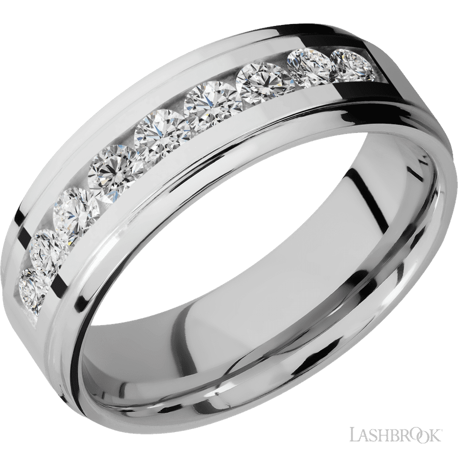 7 mm wide/Flat Grooved Edges/Cobalt Chrome band with an  arrangement of 9, .1 carat Round Diamond stones in a Channel setting.