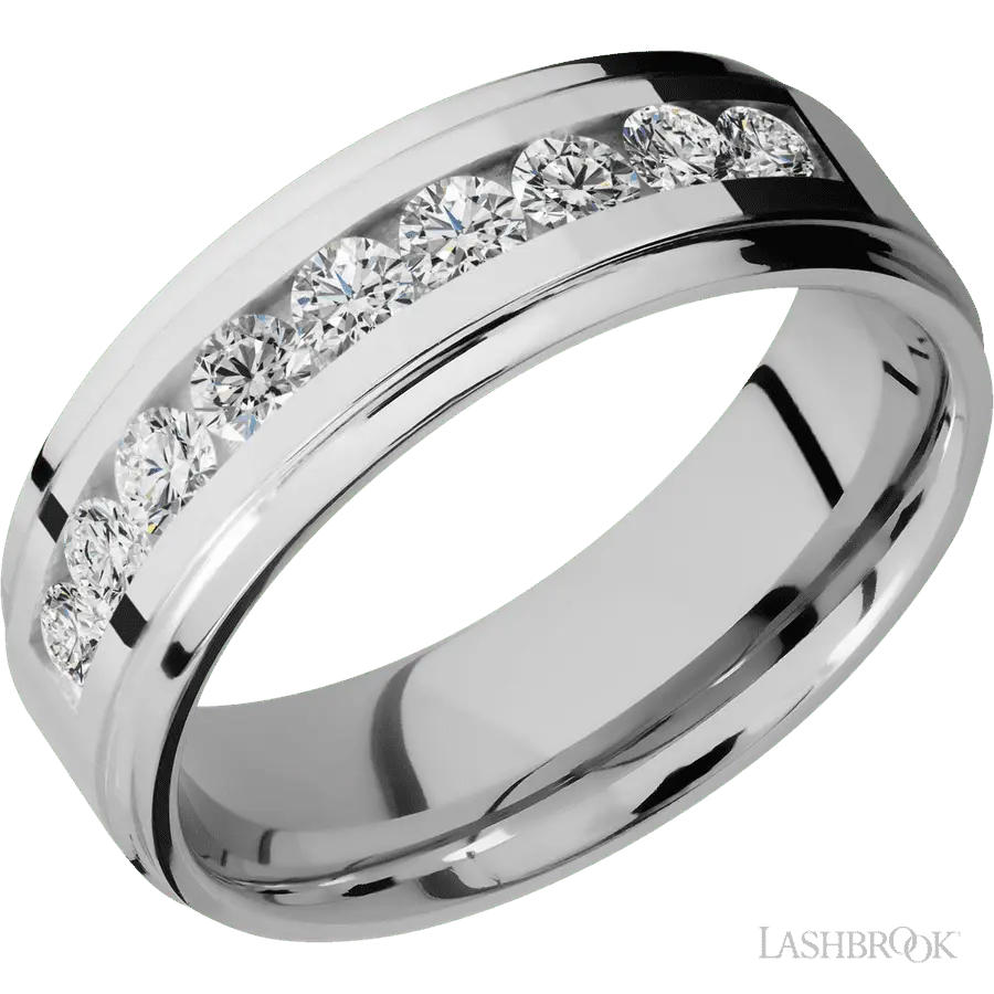 "7 mm wide/Flat Grooved Edges/Cobalt Chrome band with an arrangement of 9, .1 carat Round Diamond stones in a Channel setting