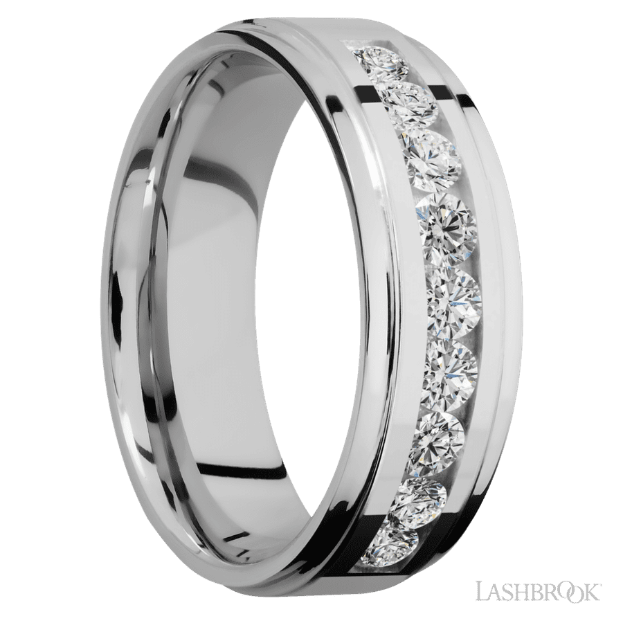 7 mm wide/Flat Grooved Edges/Cobalt Chrome band with an  arrangement of 9, .1 carat Round Diamond stones in a Channel setting.