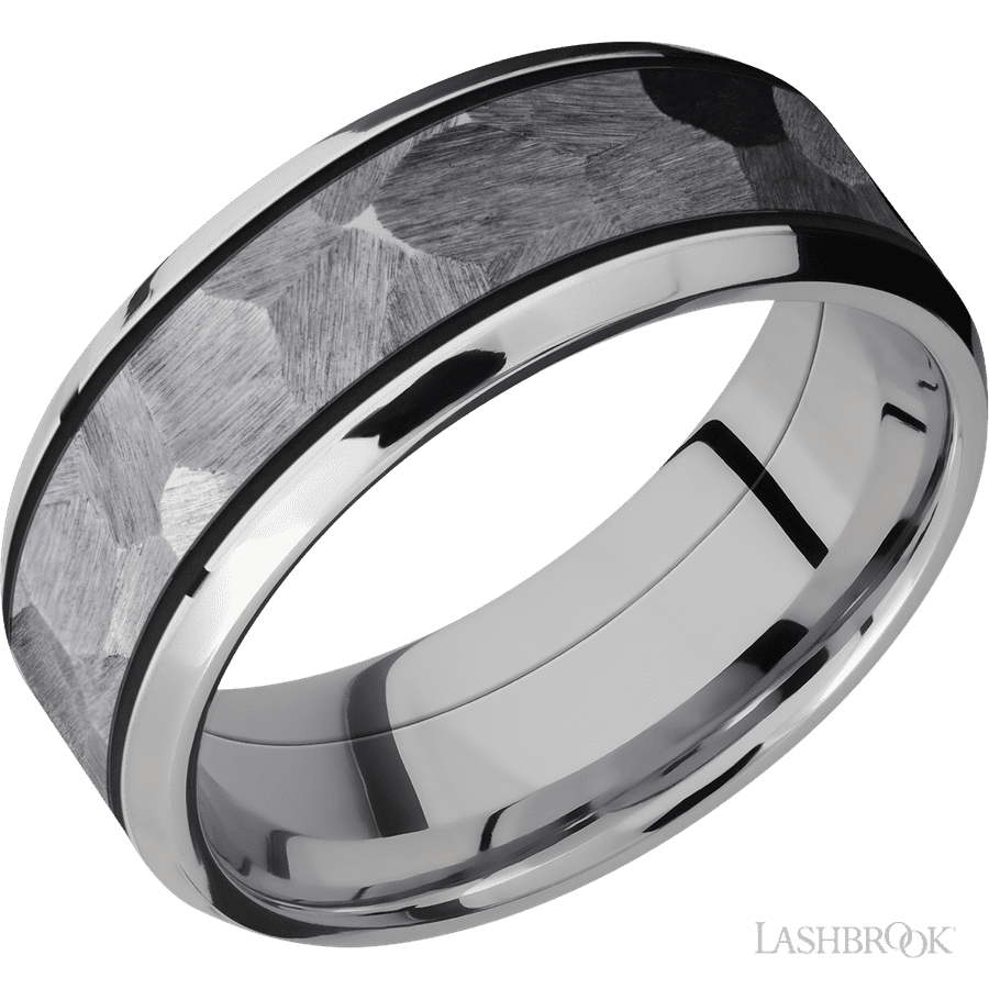 8 mm wide/Beveled/Cobalt Chrome band with one 5 mm Centered inlay of Tantalum.