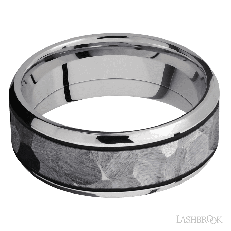 8 mm wide/Beveled/Cobalt Chrome band with one 5 mm Centered inlay of Tantalum.