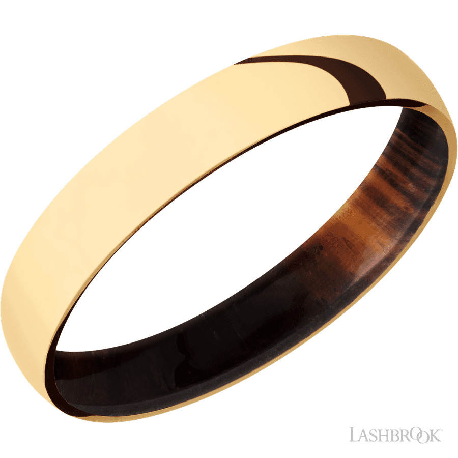 4 mm wide Domed 14K Yellow Gold band featuring a Cocobolo sleeve.