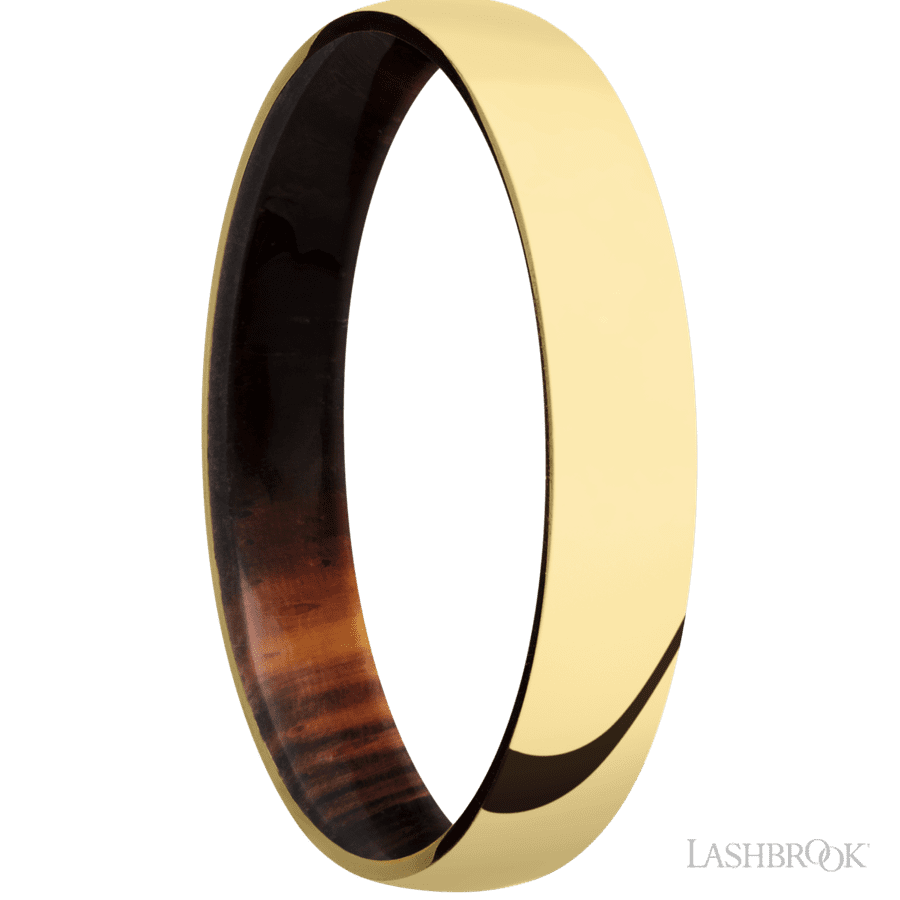 4 mm wide Domed 14K Yellow Gold band featuring a Cocobolo sleeve.