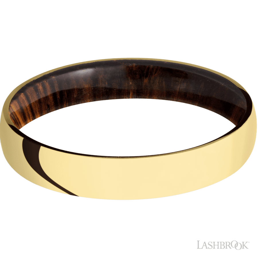 4 mm wide Domed 14K Yellow Gold band featuring a Cocobolo sleeve.