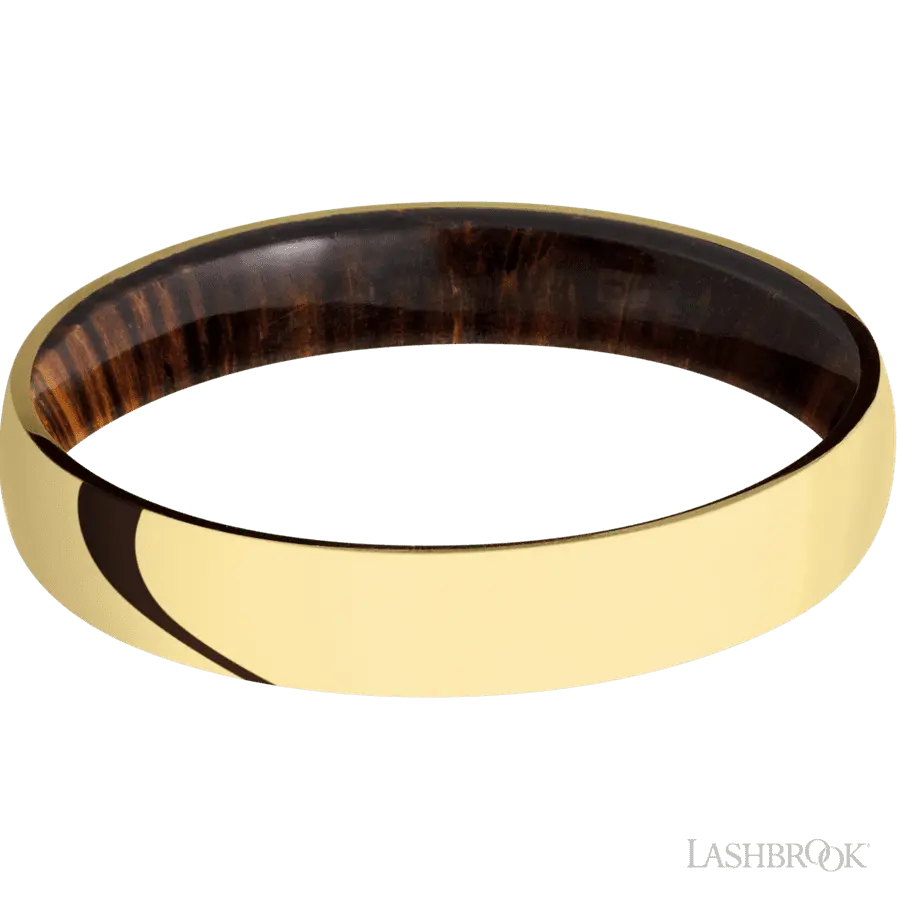 4 mm wide Domed 14K Yellow Gold band featuring a Cocobolo sleeve. Lashbrook