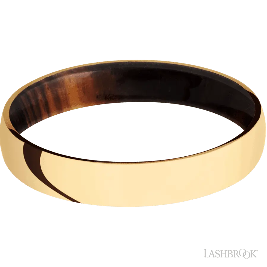4 mm wide Domed 14K Yellow Gold band featuring a Cocobolo sleeve.