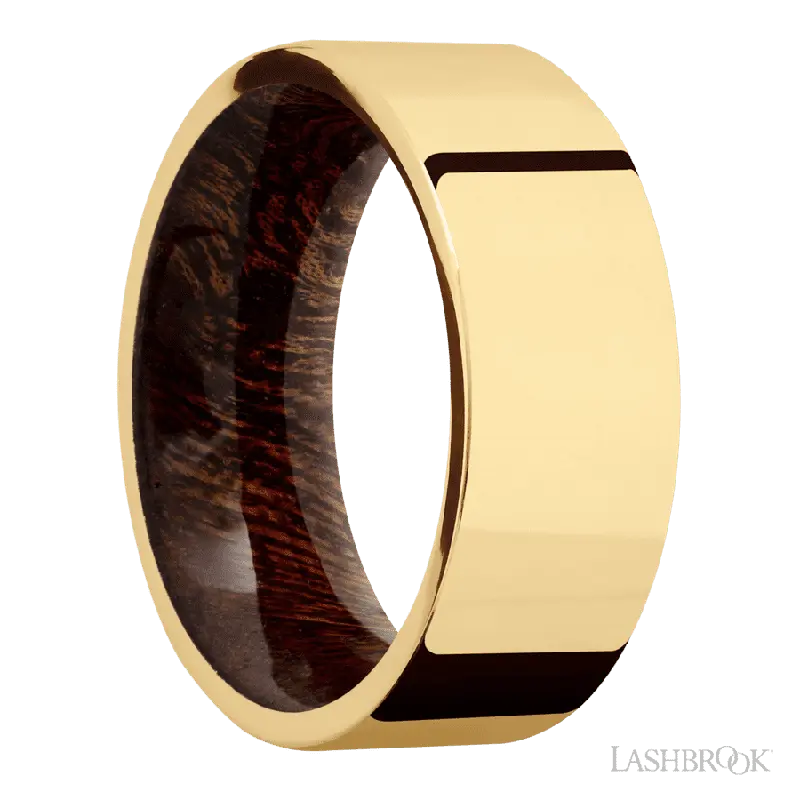 8 mm wide Flat 14K Yellow Gold band featuring a Sapele sleeve.