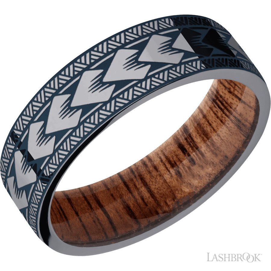 7 mm wide/Flat/Tantalum band with a laser carved Maori pattern also featuring a Koa sleeve.