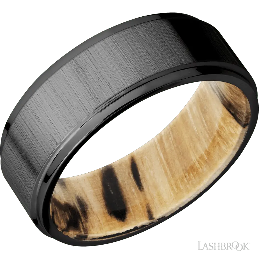 8 mm wide Flat Grooved Edges Zirconium band featuring a Spalted Tamarind sleeve. in Zirconium by Lashbrook | The Diamond Stor