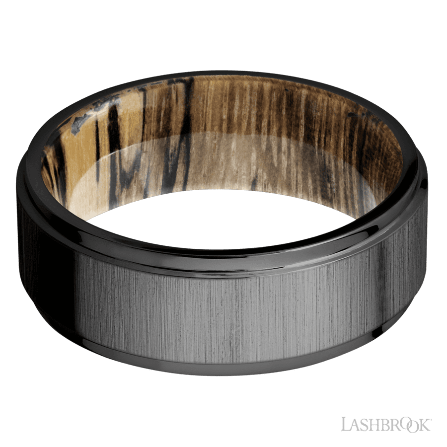 8 mm wide Flat Grooved Edges Zirconium band featuring a Spalted Tamarind sleeve.