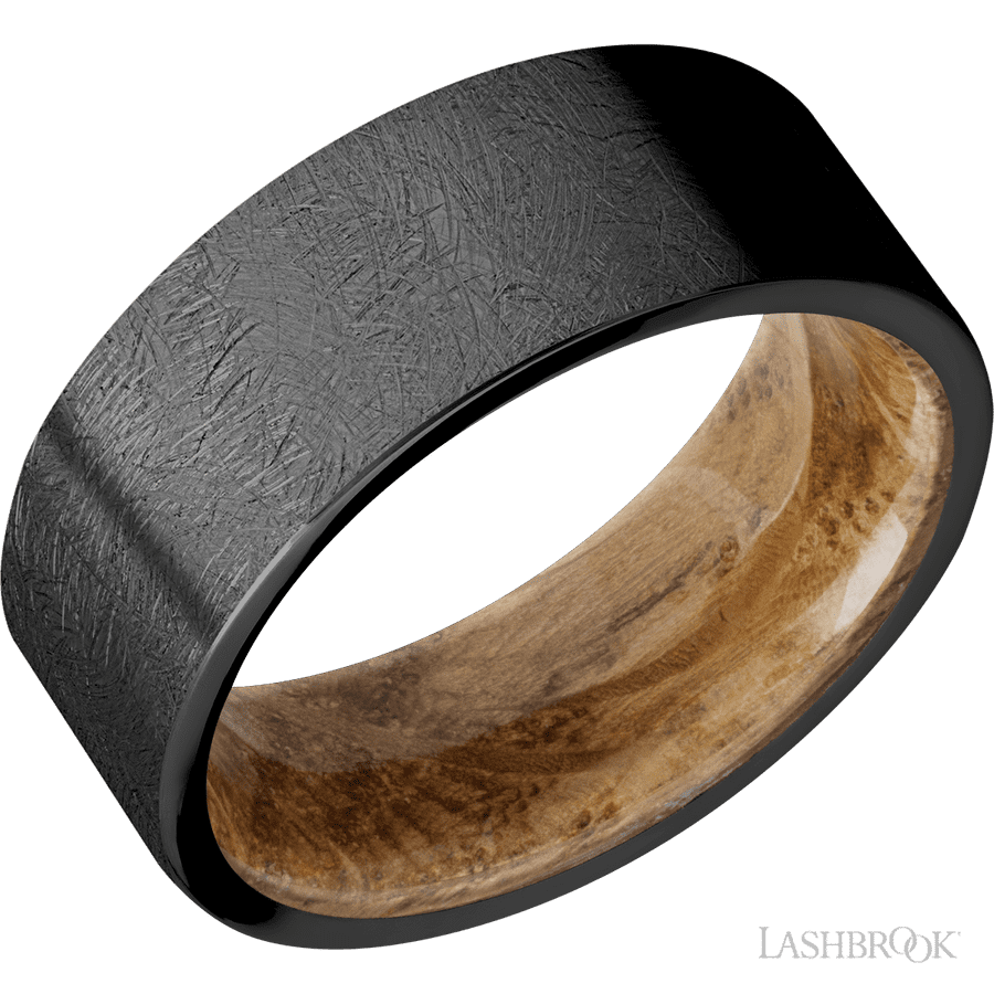 8 mm wide Flat Zirconium band featuring a Whiskey Barrel sleeve.