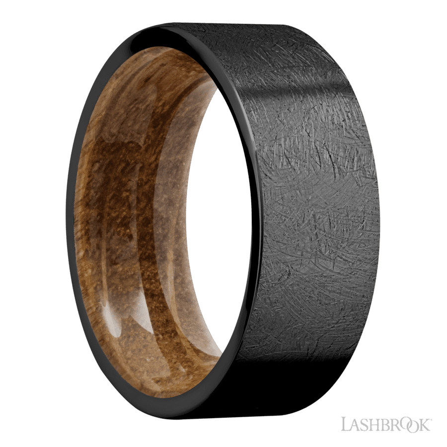 8 mm wide Flat Zirconium band featuring a Whiskey Barrel sleeve.