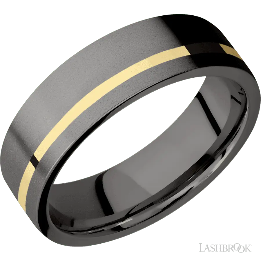 7 mm wide/Flat/Tantalum Noir band with one 1 mm Off Center inlay of 14K Yellow Gold. in Tantalum by Lashbrook | The Diamond S