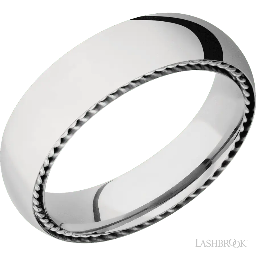6 mm wide/Domed/14K White Gold band with two 1 mm Sidebraid inlays of 14K White Gold.