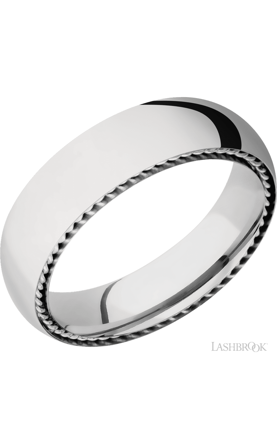 6 mm wide/Domed/14K White Gold band with two 1 mm Sidebraid inlays of 14K White Gold.
