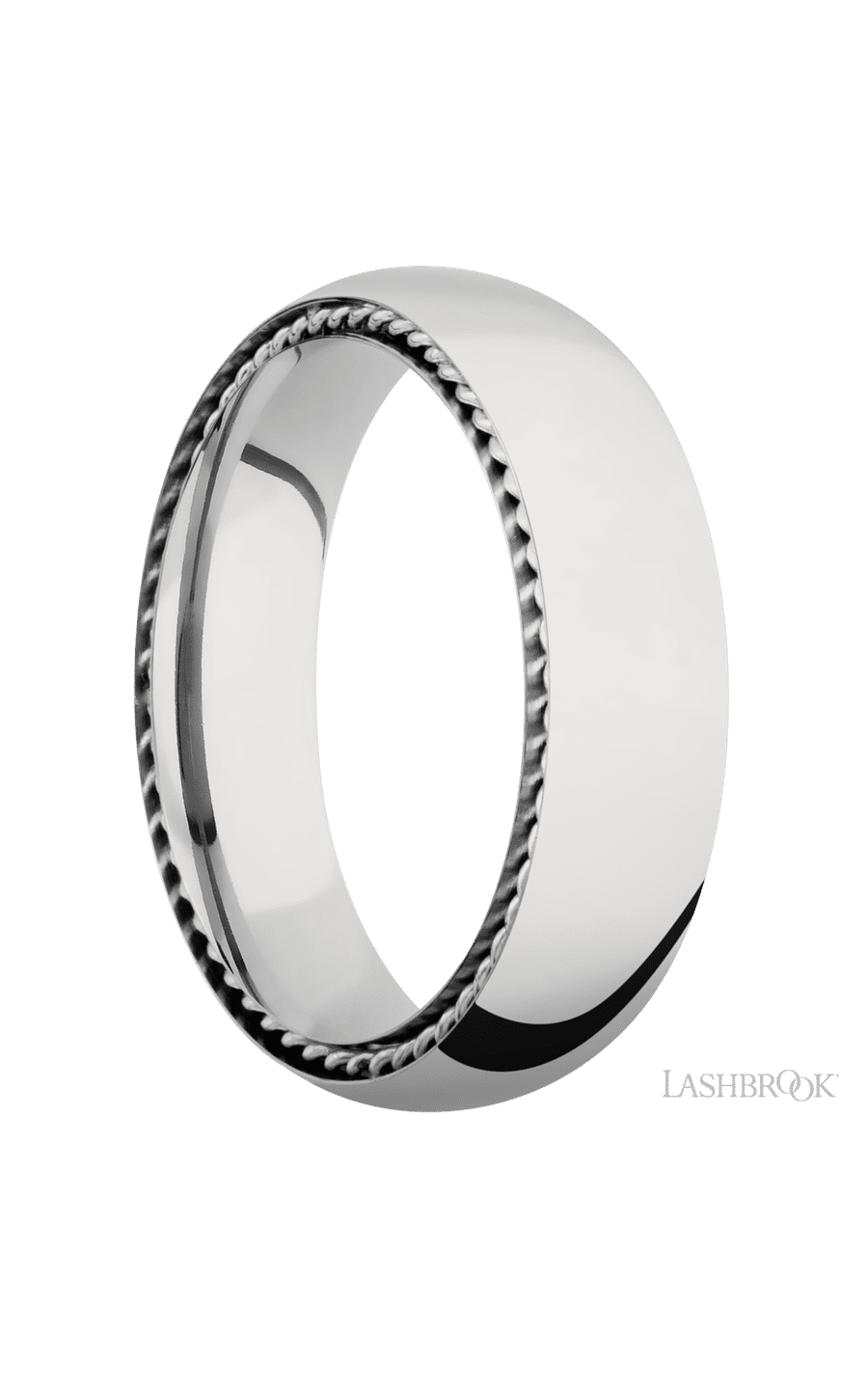6 mm wide/Domed/14K White Gold band with two 1 mm Sidebraid inlays of 14K White Gold.