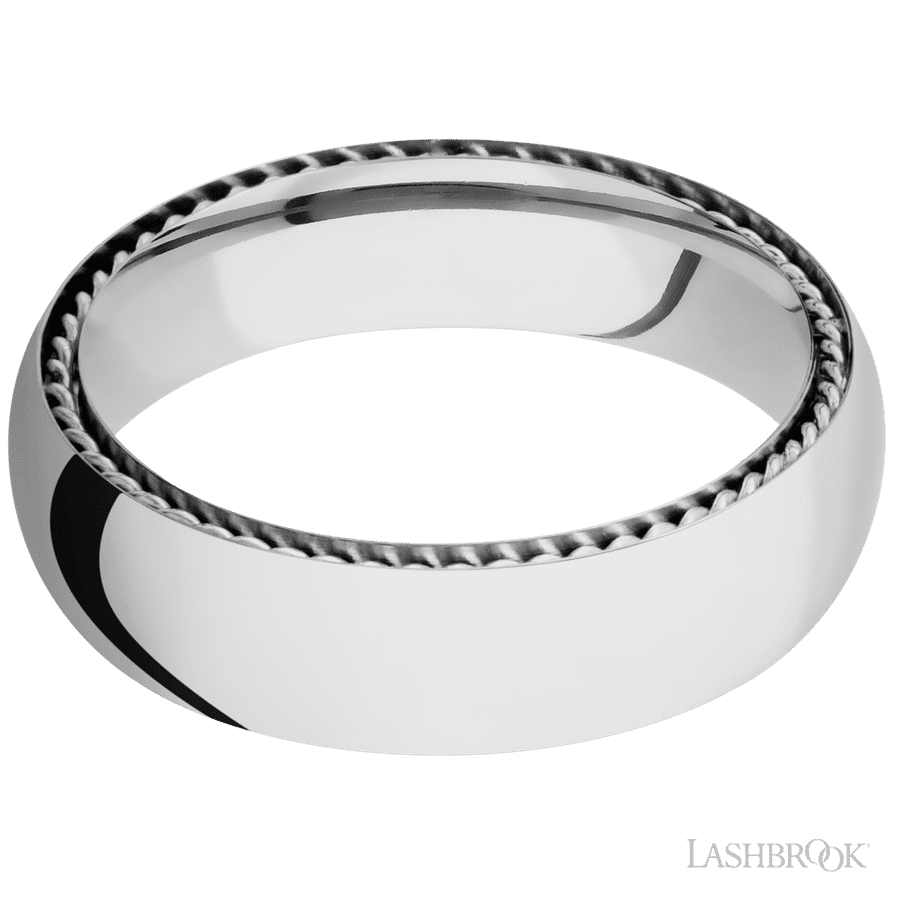 6 mm wide/Domed/14K White Gold band with two 1 mm Sidebraid inlays of 14K White Gold.