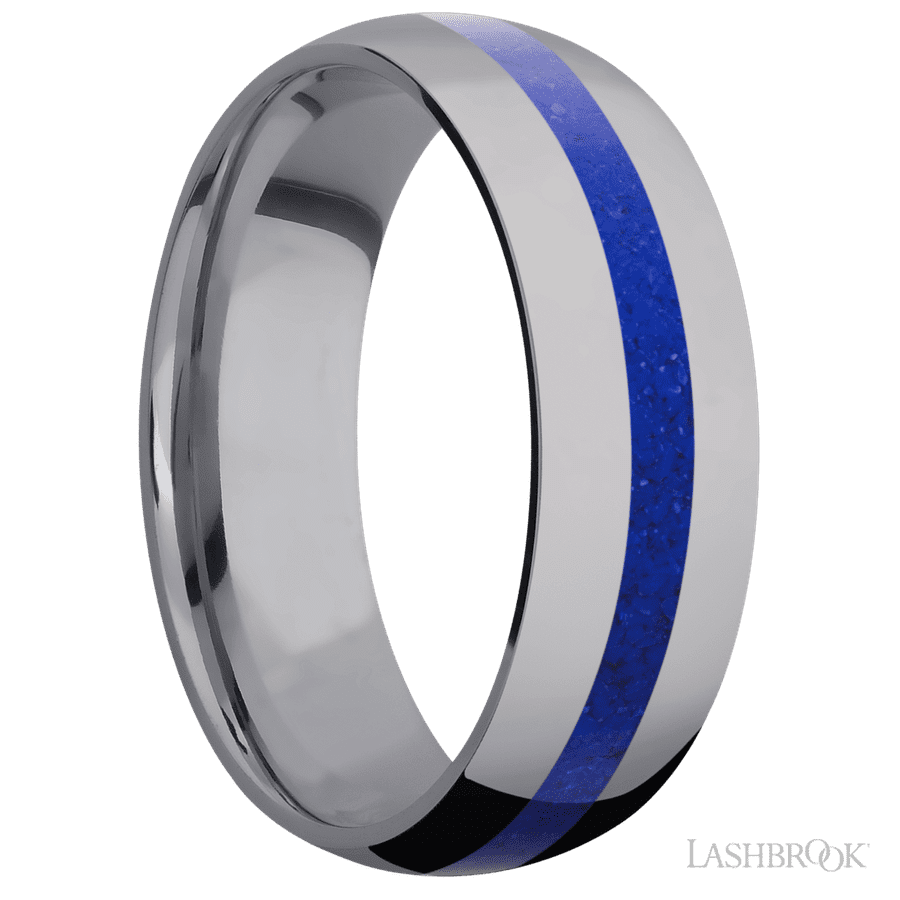 7 mm wide/Domed/Tantalum band with one 2 mm Centered inlay of Lapis.