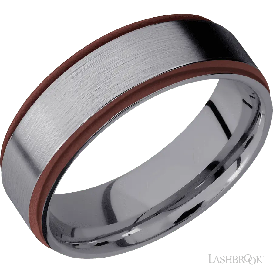 7 mm wide/Flat Grooved Edges/Tantalum band with two 1 mm Edge inlays of Crimson. in Tantalum by Lashbrook | The Diamond Store