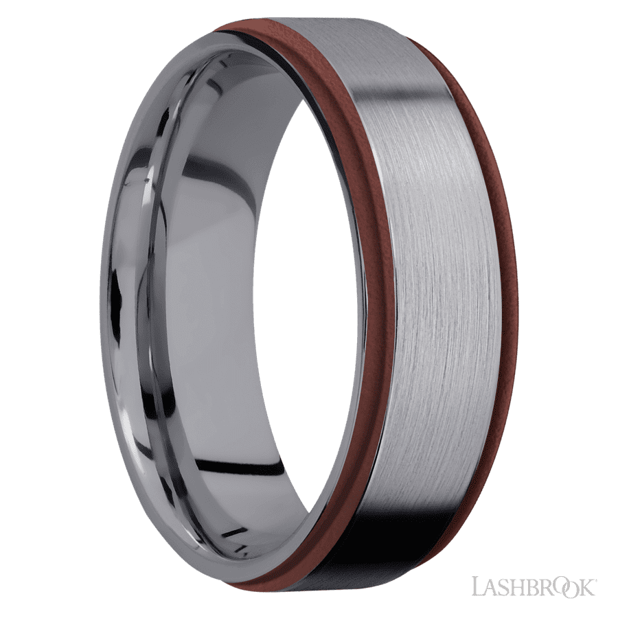 7 mm wide/Flat Grooved Edges/Tantalum band with two 1 mm Edge inlays of Crimson.
