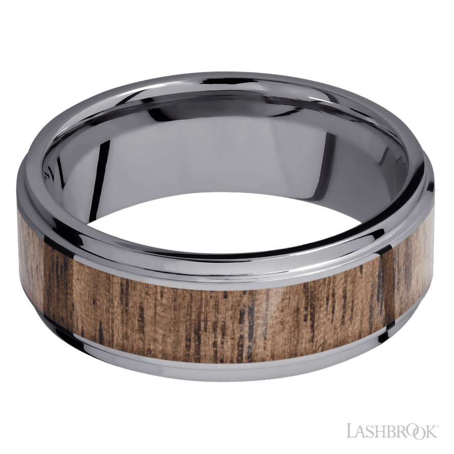 8 mm wide/Flat Grooved Edges/Tantalum band with one 5 mm Centered inlay of Walnut.