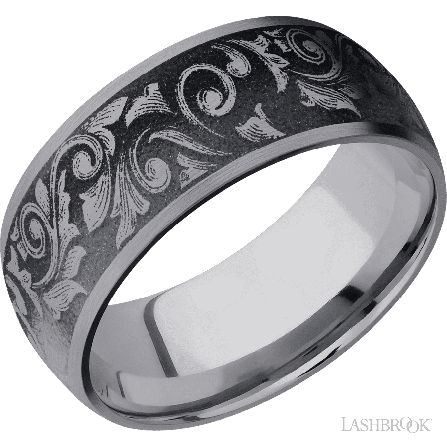 9 mm wide/Domed/Tantalum band with a laser carved Western Scroll pattern.