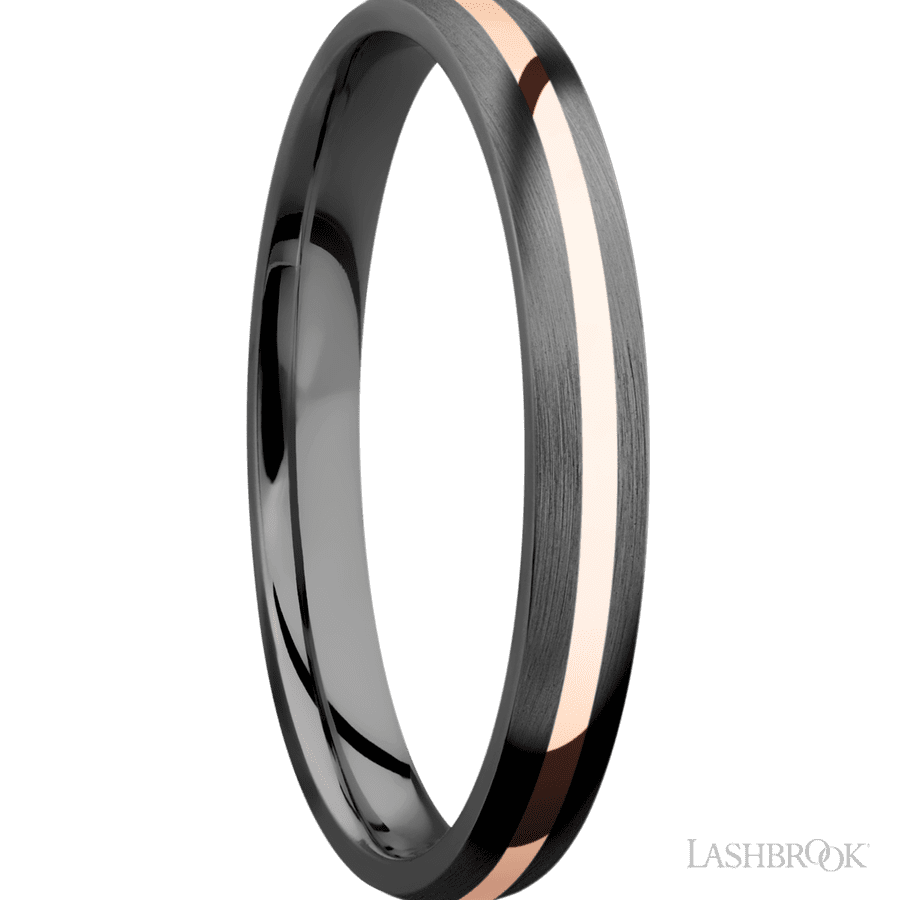 3 mm wide/Domed/Zirconium band with one 1 mm Centered inlay of 14K Rose Gold.