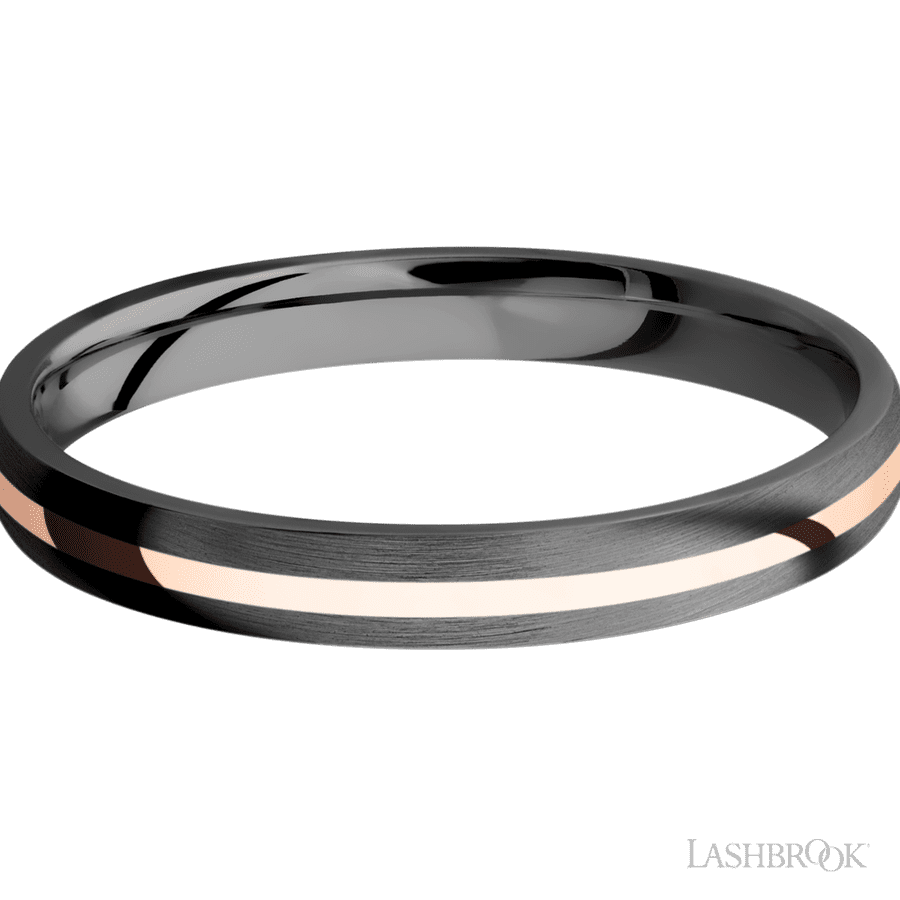 3 mm wide/Domed/Zirconium band with one 1 mm Centered inlay of 14K Rose Gold.