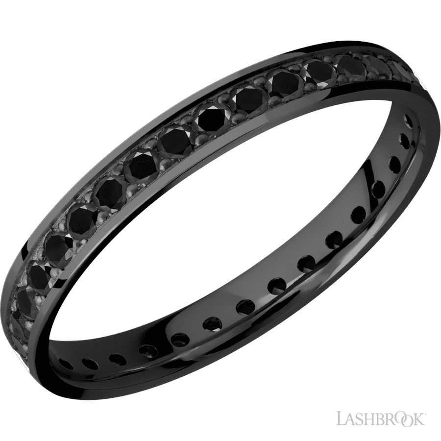 3 mm wide/Flat/Zirconium band with an Eternity arrangement of .03 carat Round Black Diamond stones in a Bead setting.
