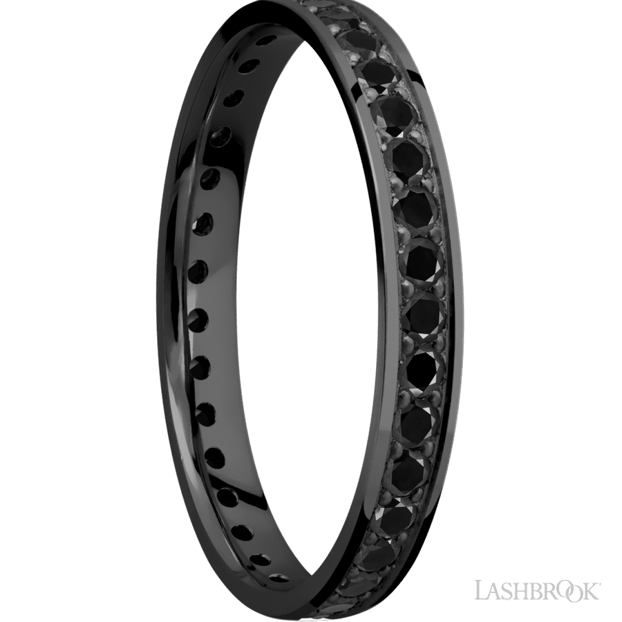 3 mm wide/Flat/Zirconium band with an Eternity arrangement of .03 carat Round Black Diamond stones in a Bead setting.