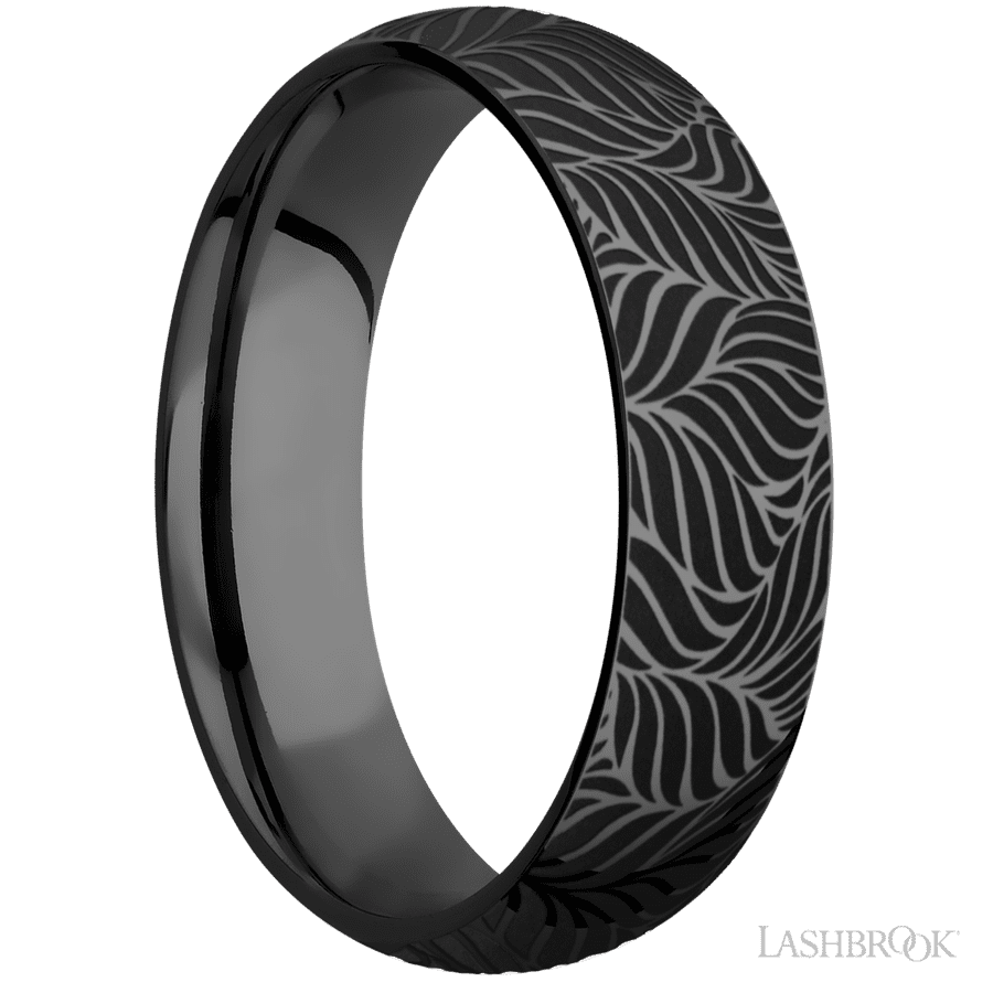 6 mm wide/Domed/Zirconium band with a laser carved Twisted Leaf pattern.