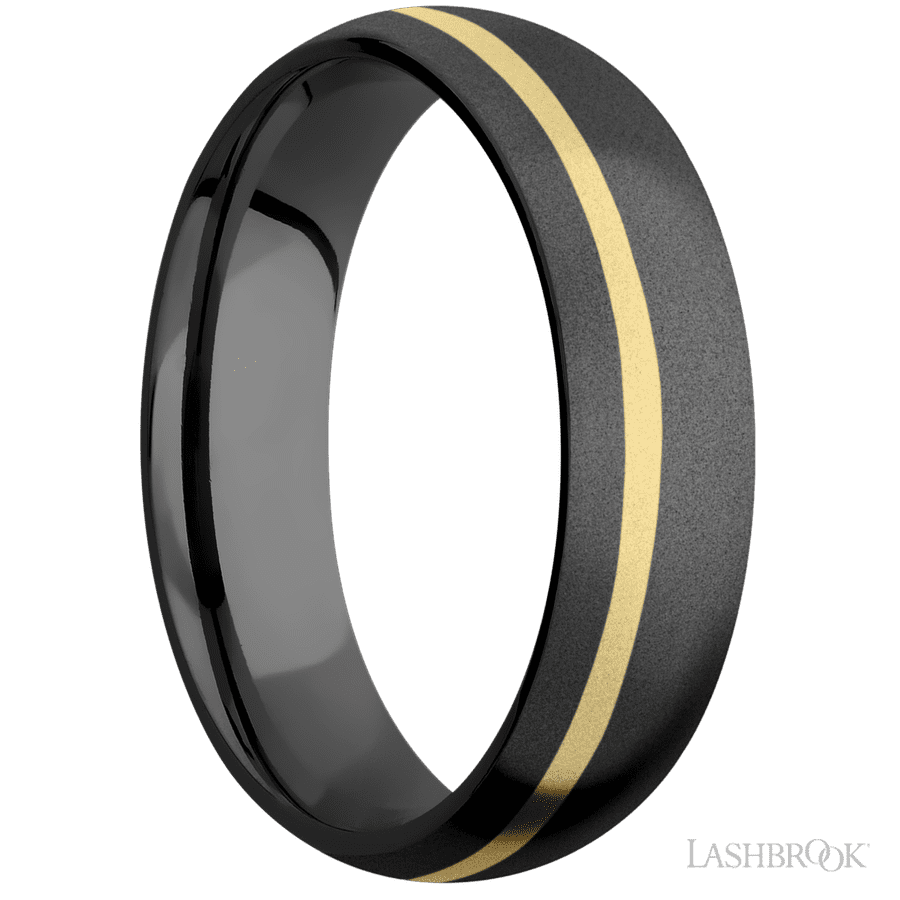 6 mm wide/Domed/Zirconium band with one 1 mm Off Center inlay of 14K Yellow Gold.