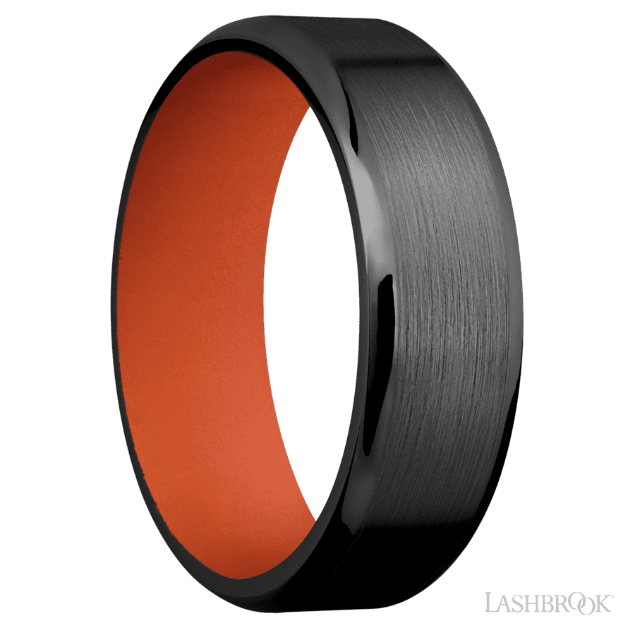 7 mm wide Beveled Zirconium band featuring a Hunter Orange sleeve.