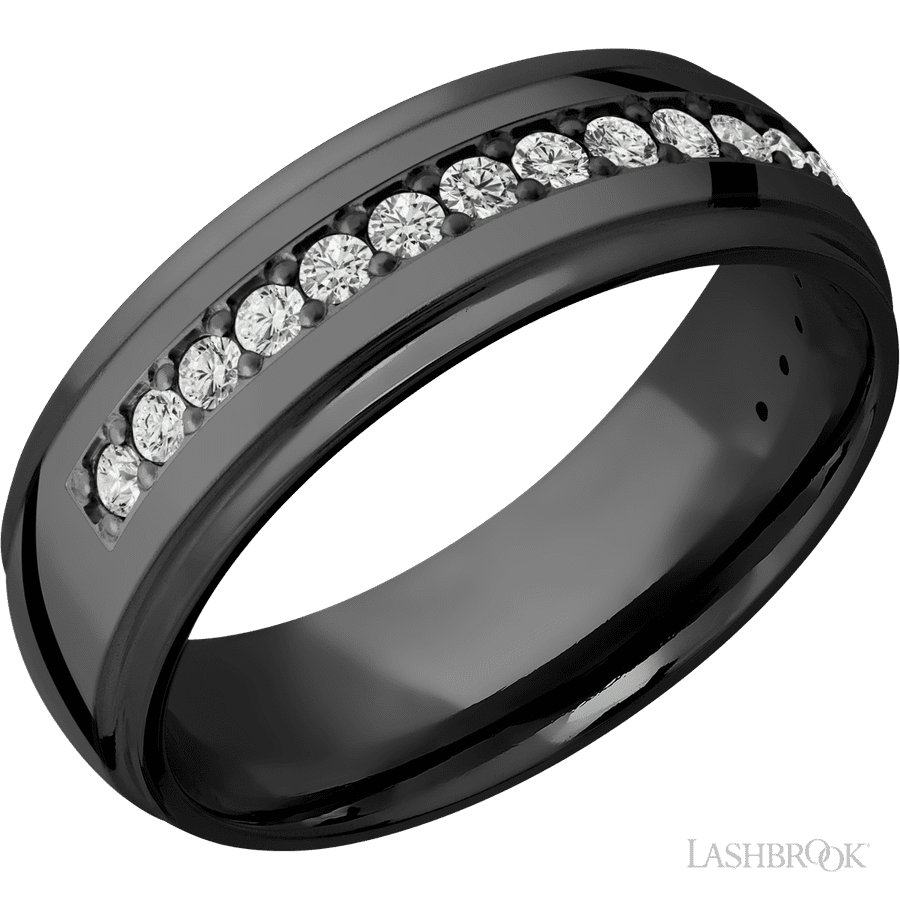 7 mm wide/Domed Stepped Down Edges/Zirconium band with a Half Eternity arrangement of .03 carat Round Diamond stones in a Bead setting.