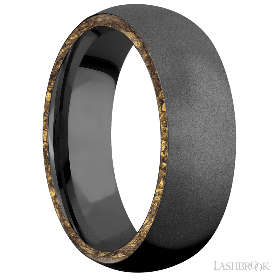 7 mm wide/Domed/Zirconium band with two 1 mm Side inlays of Alaskan Gold Nugget.