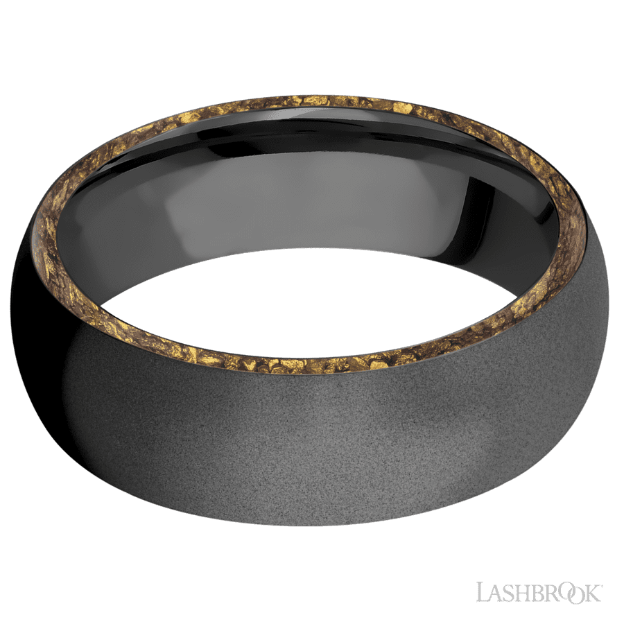 7 mm wide/Domed/Zirconium band with two 1 mm Side inlays of Alaskan Gold Nugget.