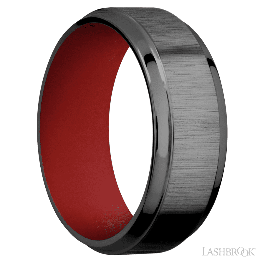 8 mm wide Stepped Bevel Zirconium band featuring a USMC Red sleeve.