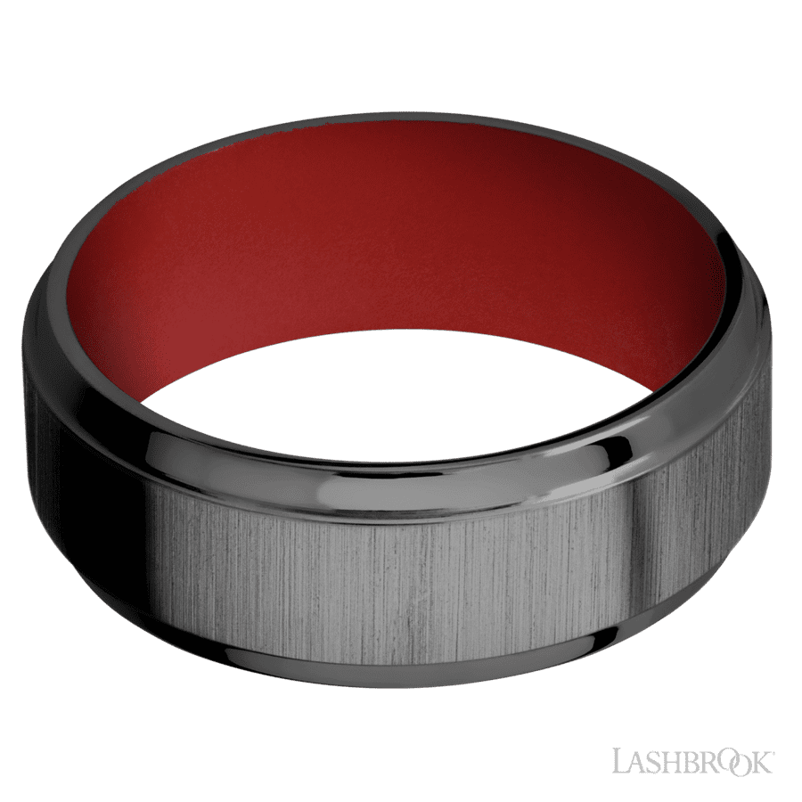 8 mm wide Stepped Bevel Zirconium band featuring a USMC Red sleeve.