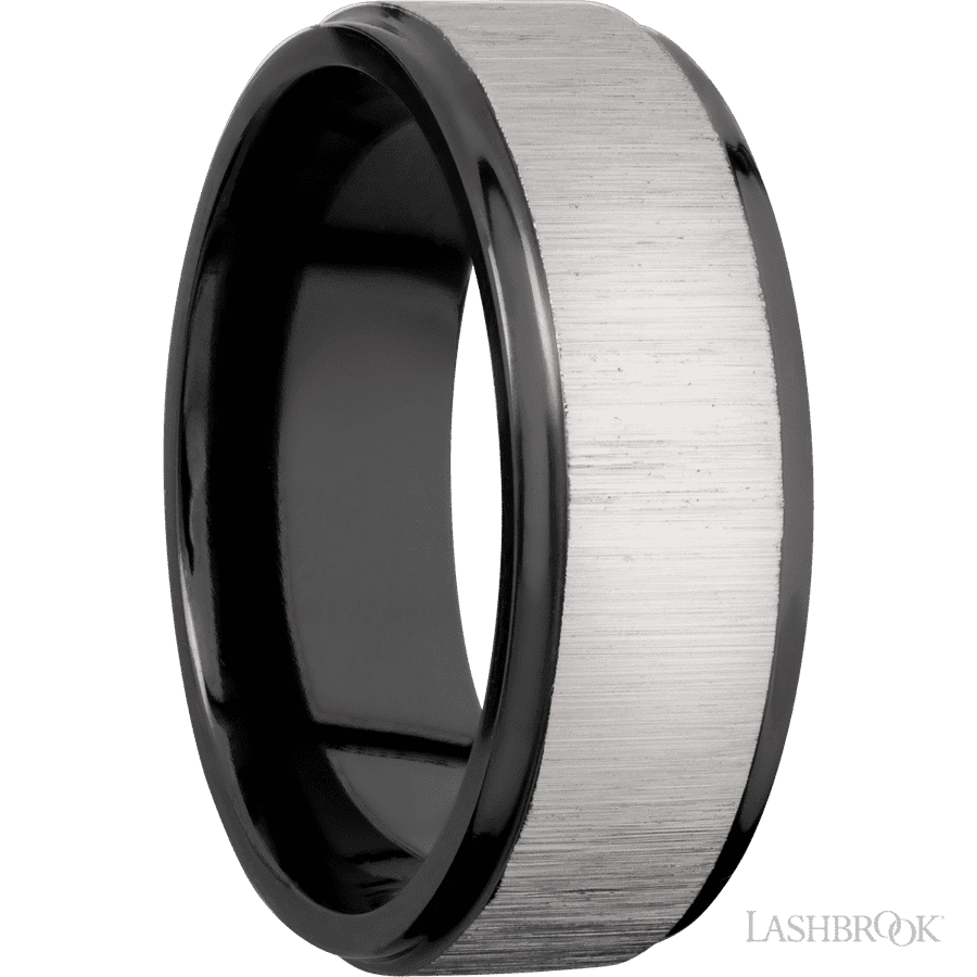 8 mm wide Flat Grooved Edges Zirconium band.