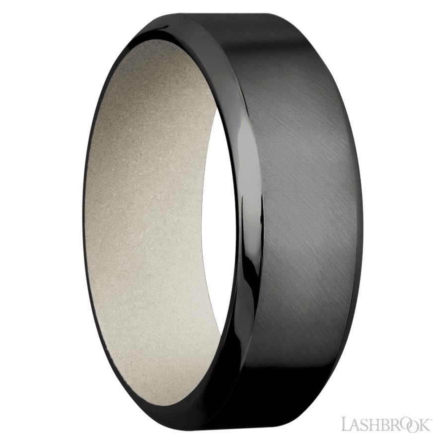 8 mm wide High Bevel Zirconium band featuring a Bright Nickel sleeve.