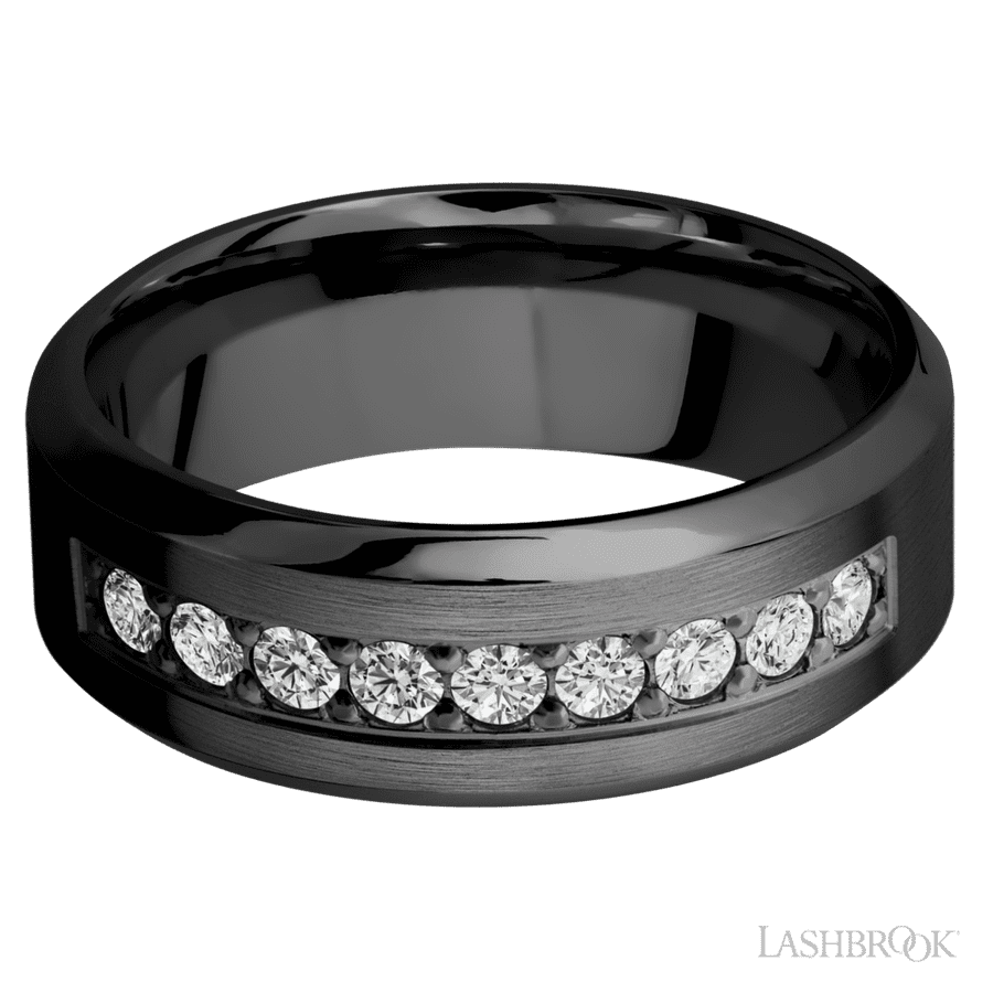8 mm wide/High Bevel/Zirconium band with an  arrangement of 9, .05 carat Round Diamond stones in a Bead setting.