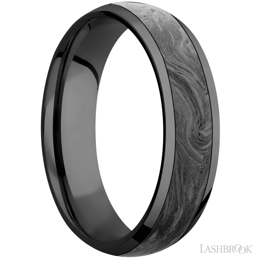 6 mm wide/Domed/Zirconium band with one 4 mm Centered inlay of Forged Carbon Fiber.