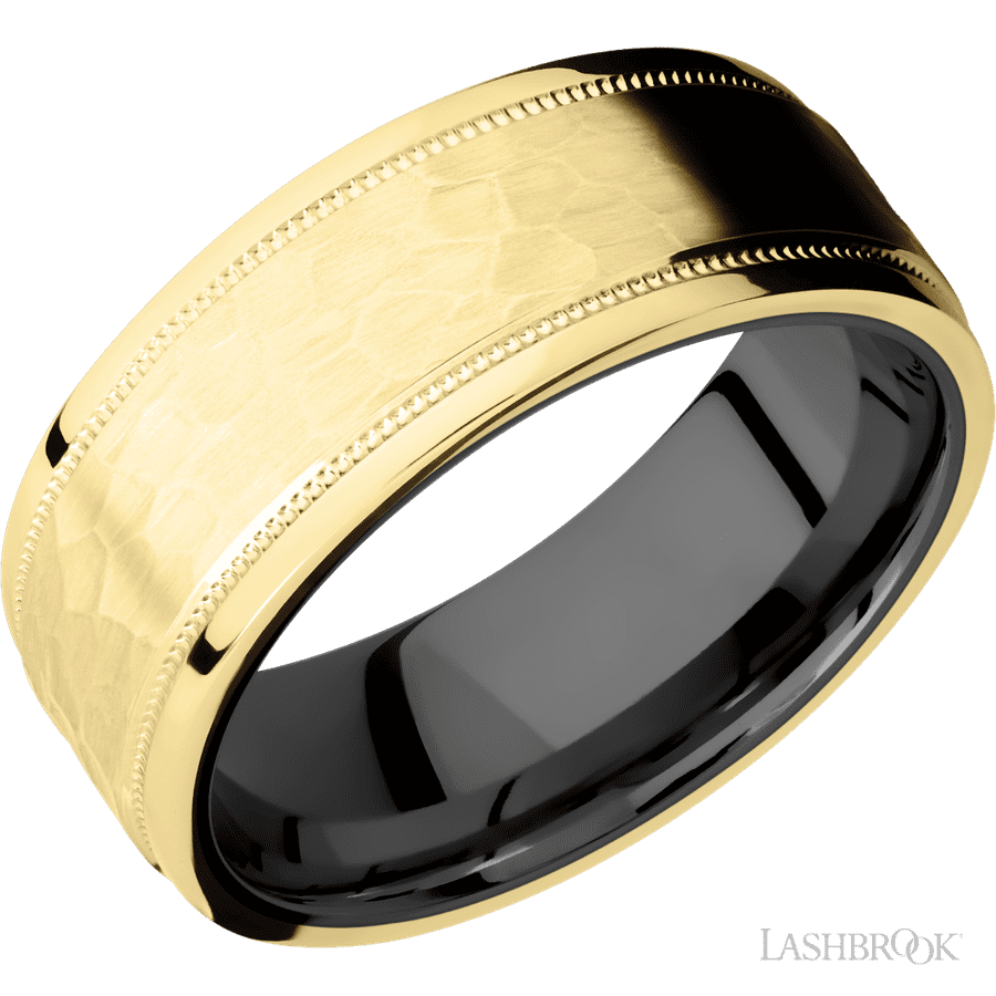 8 mm wide Flat Stepped Edges Milgrain 14K Yellow Gold band featuring a Zirconium sleeve.
