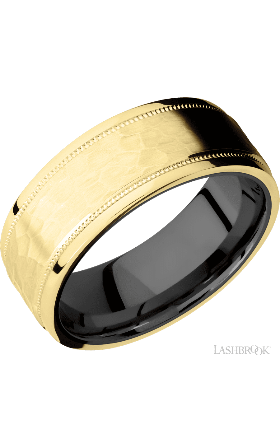 8 mm wide Flat Stepped Edges Milgrain 14K Yellow Gold band featuring a Zirconium sleeve.